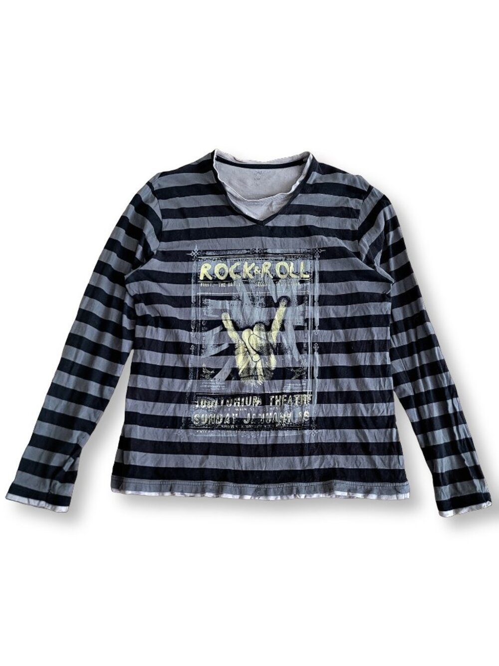 Gothic Rock N Roll Black Striped Long Sleeve Tee Grunge Punk Top (L)